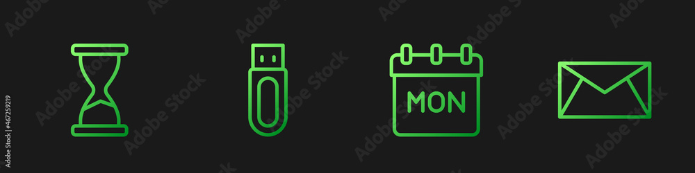 设置行日历、旧沙漏、U盘、邮件和电子邮件。渐变色图标。矢量