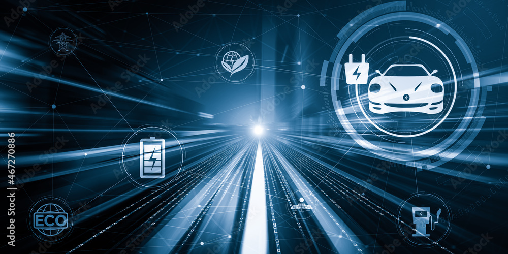 Electric car virtual reality graphic on road in fast speed EV charging station for green energy and 