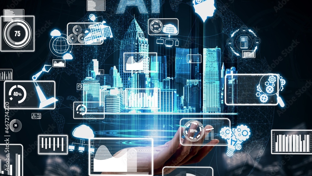 AI Learning and Artificial Intelligence conceptual - Icon Graphic Interface showing computer, machin