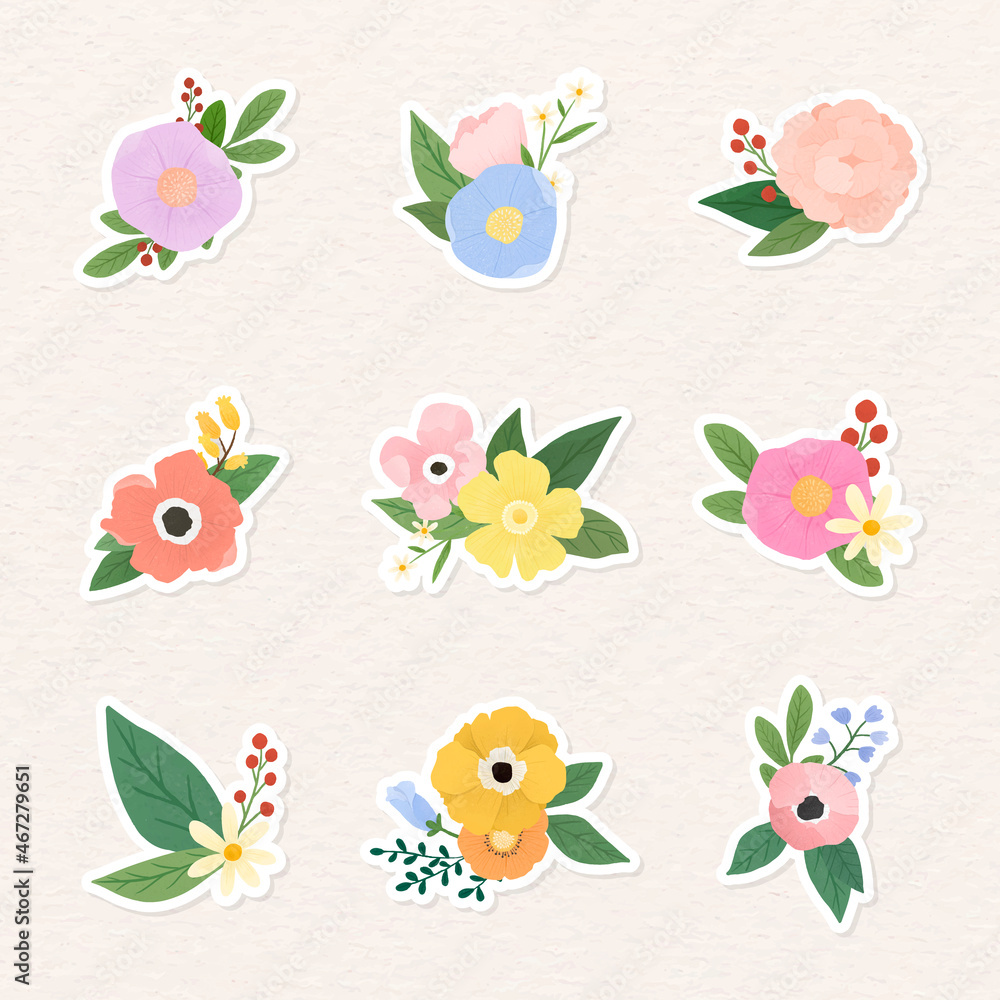 Colorful floral sticker set vector