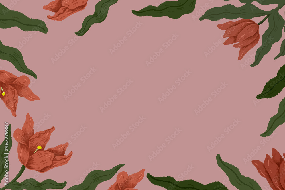 Red tulips frame in pink background illustration