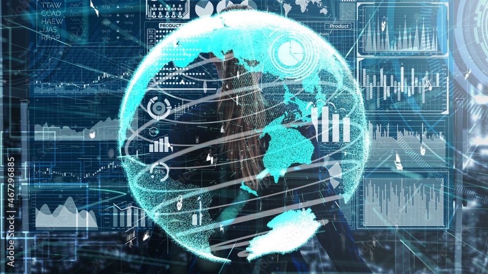 Big Data Technology for Business Finance Analytic conceptual . Modern graphic interface shows massiv