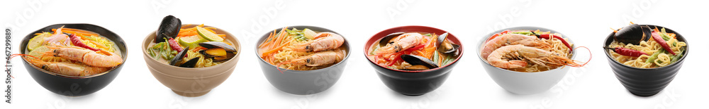 Collection of spicy Thai soups on white background