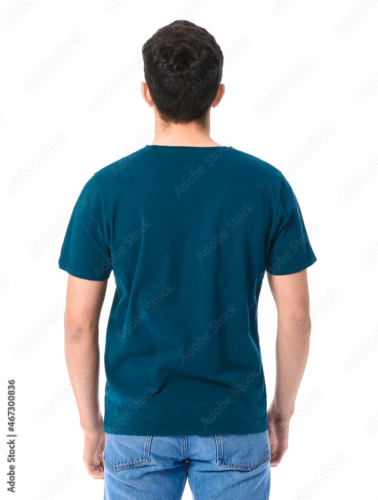 Handsome young man in stylish t-shirt on white background, back view