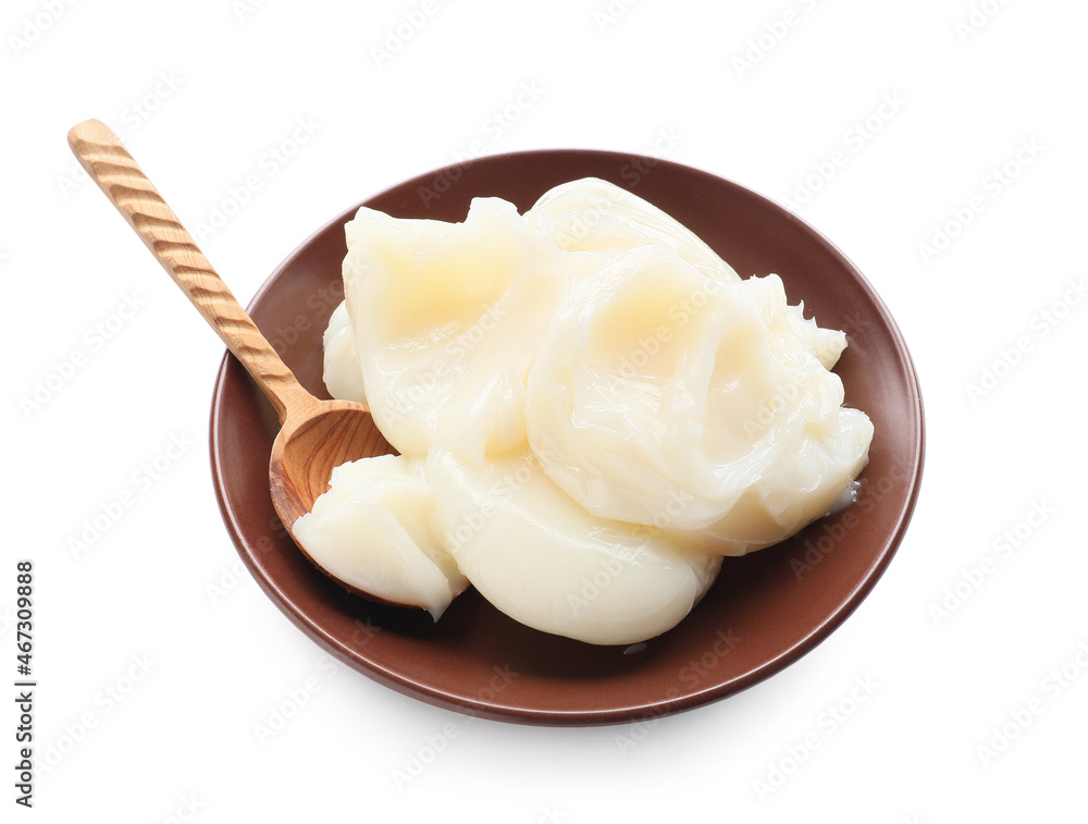 Plate with lard on white background