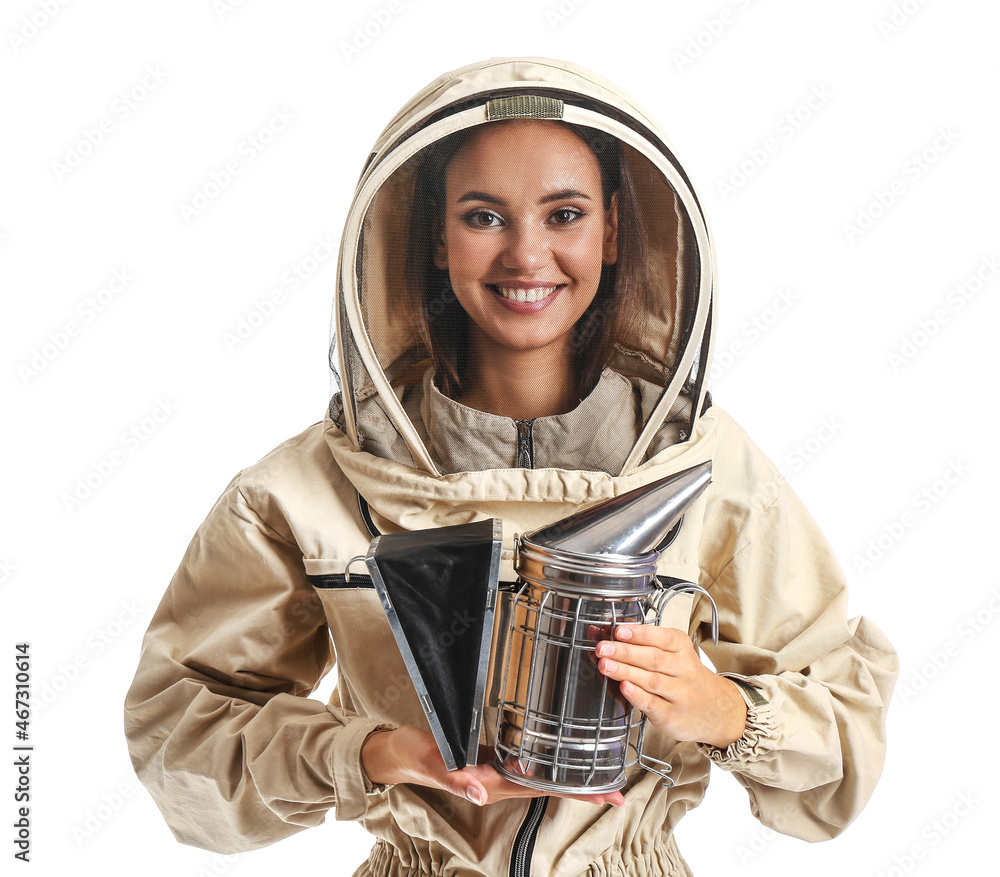 Female beekeeper on white background