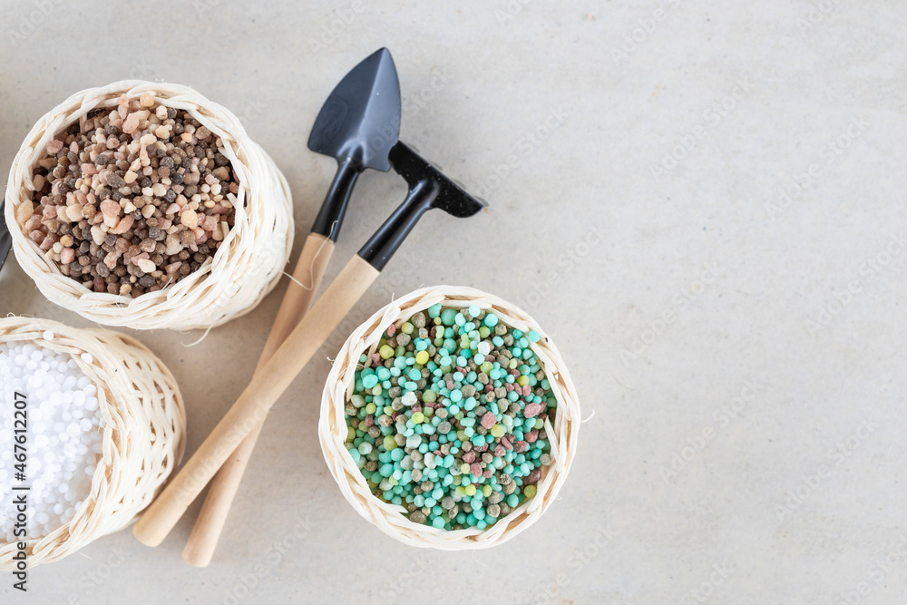 Chemical fertilizers are in wooden baskets with plants placed on a white background. Concept fertili