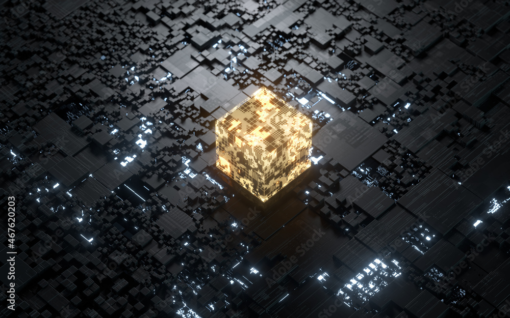 Cubes and materials, circuits and Lines, 3d rendering.