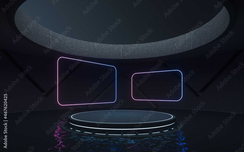 Neon light and stage in the round room, 3d rendering.