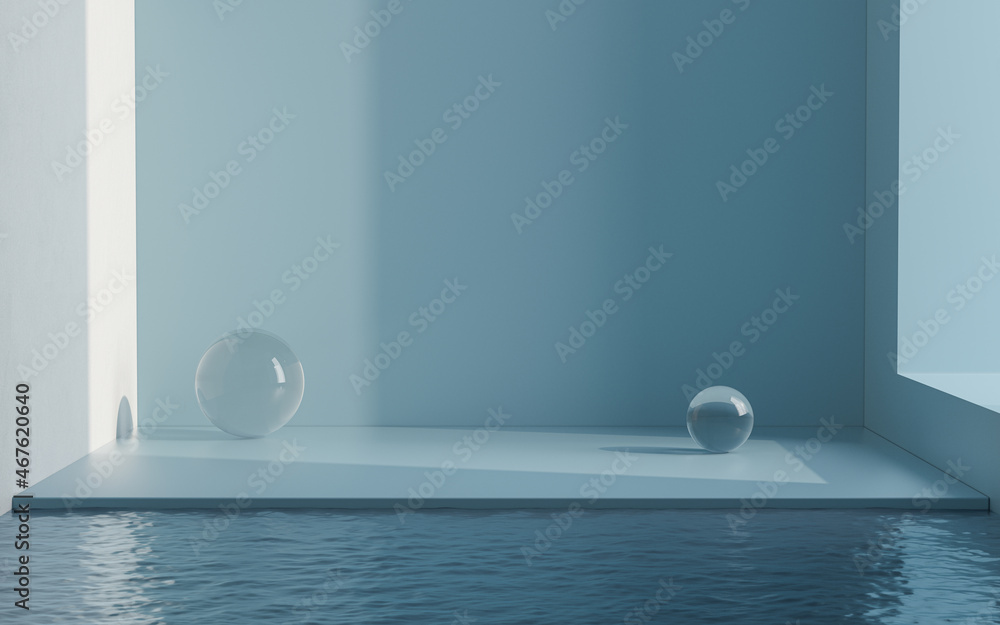 Glass balls and water in an empty room, 3d rendering.