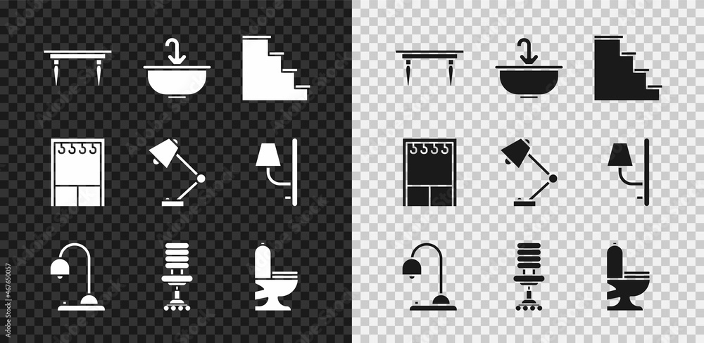 套装木桌、带水龙头的洗手盆、楼梯、台灯、办公椅、抽水马桶、衣柜