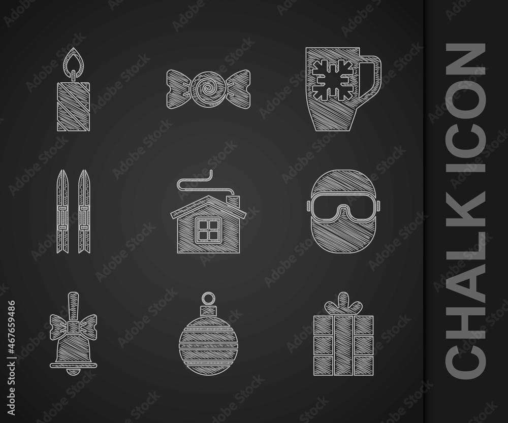 Set Merry Christmas house, ball, Gift box, Ski goggles, ringing bell, and sticks, Coffee cup with sn