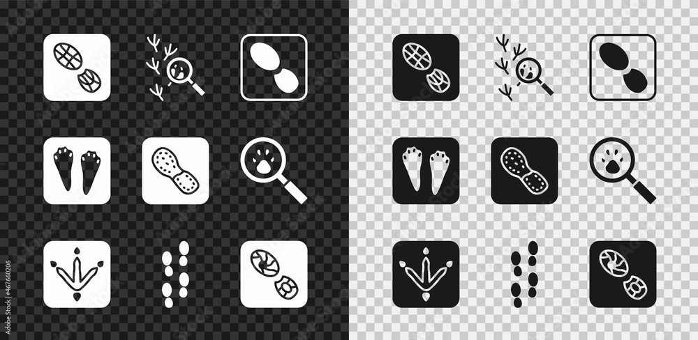 Set Human footprints shoes, Bird, Chicken paw, Rabbit and hare and icon. Vector