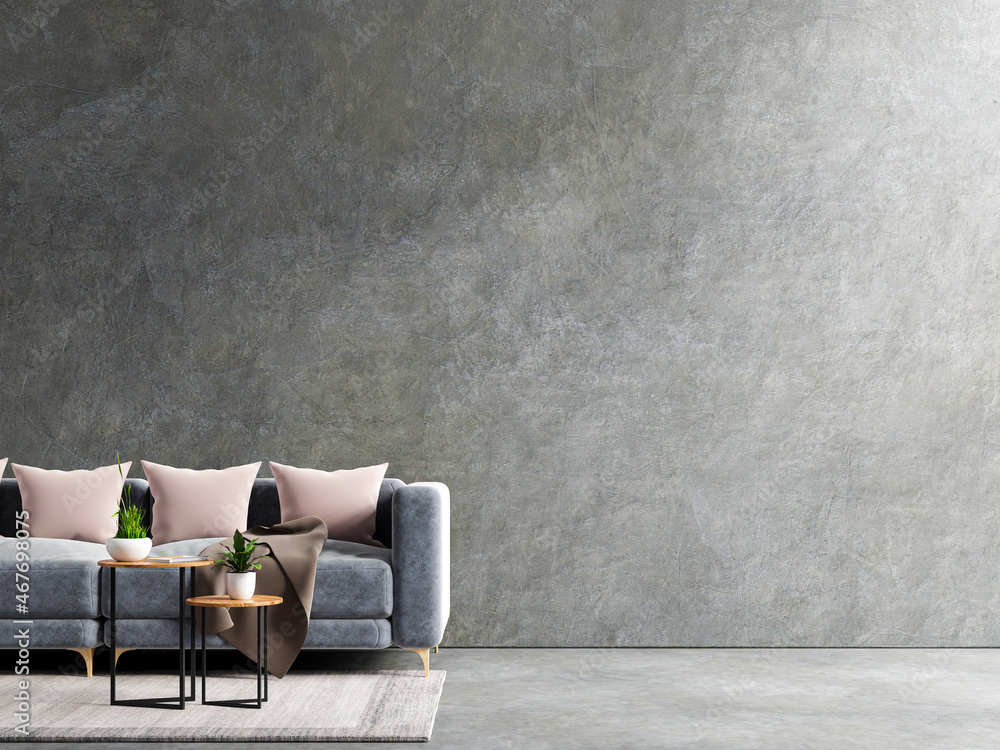 Sofa and a wooden table in living room interior,concrete wall.