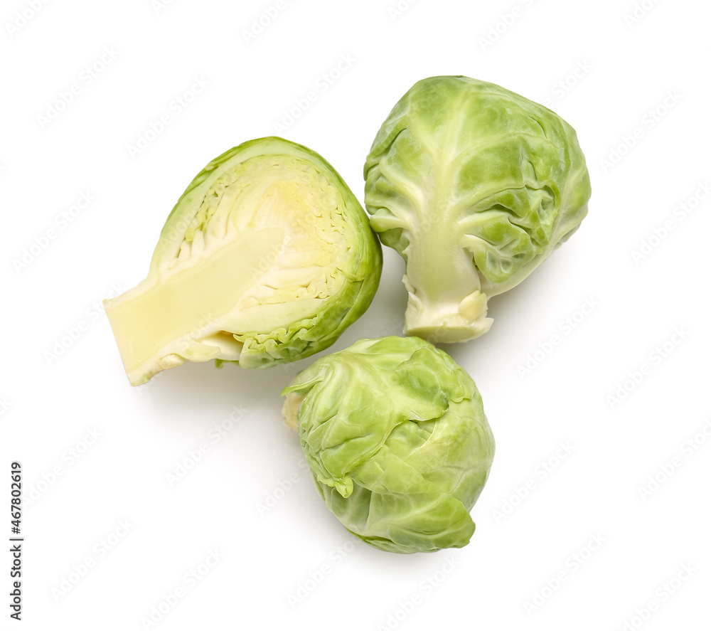 Raw fresh Brussels cabbage on white background