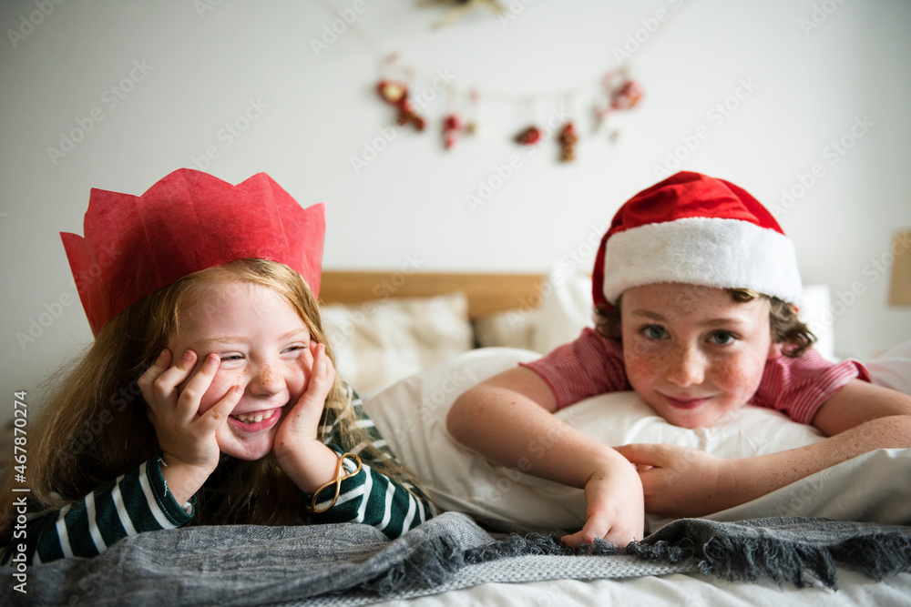 Caucasian kids enjoying Christmas holiday