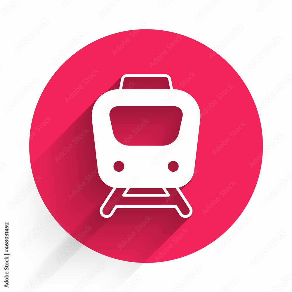 White Train icon isolated with long shadow. Public transportation symbol. Subway train transport. Me