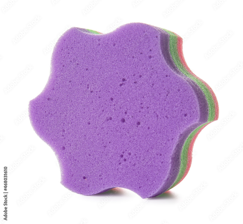 Purple star shaped bath sponge on white background