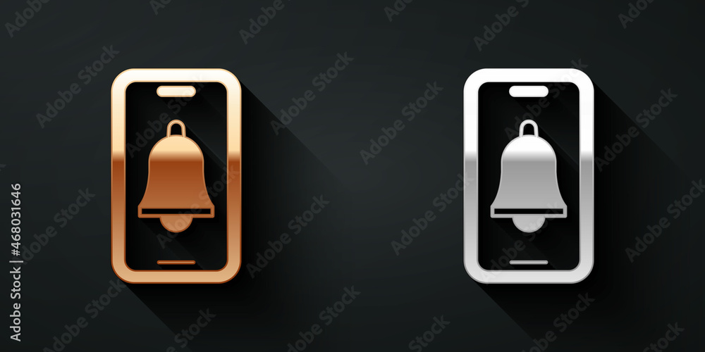 Gold and silver Emergency mobile phone call to hospital icon isolated on black background. Long shad