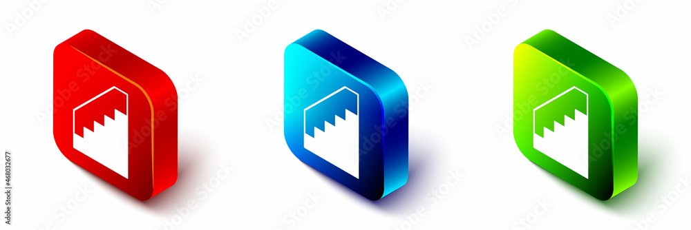 Isometric Stairs up icon isolated on white background. Red, blue and green square button. Vector