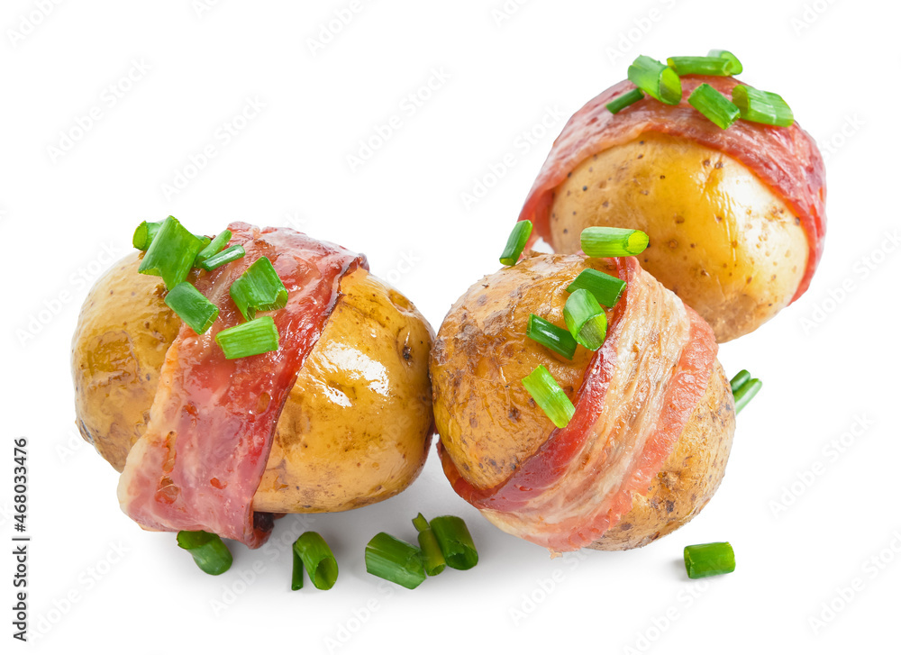 Tasty baked potatoes with bacon on white background