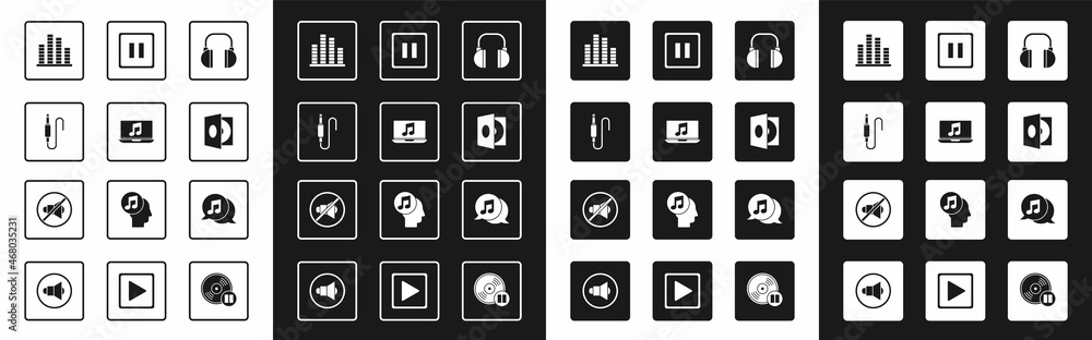 设置耳机、带音符的笔记本电脑、音频插孔、音乐均衡器、乙烯基播放器黑胶唱片、暂停