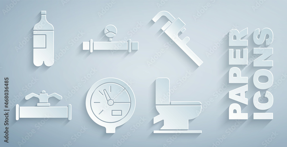 Set Water meter, Pipe adjustable wrench, Industry pipe and valve, Toilet bowl, manometer and Bottle 