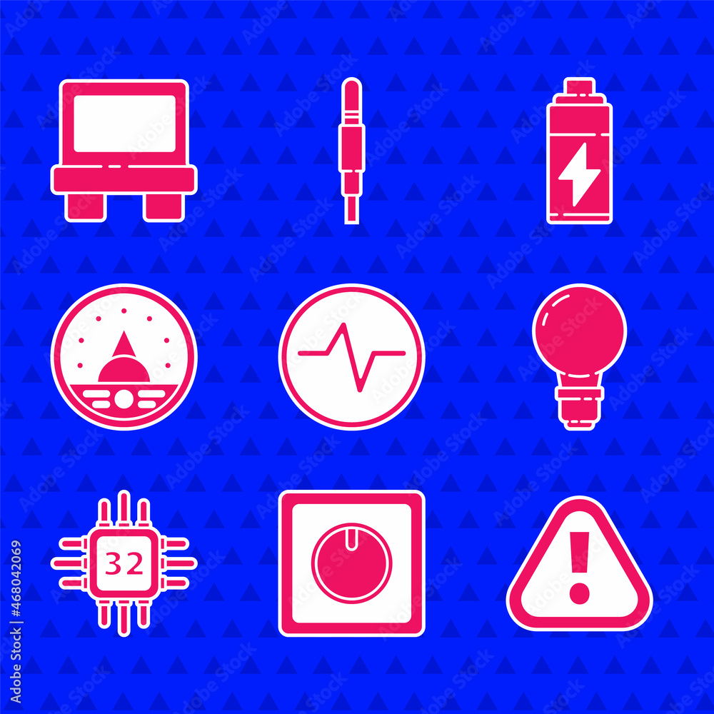 Set Electric circuit scheme, Exclamation mark in triangle, Light bulb with concept of idea, Processo