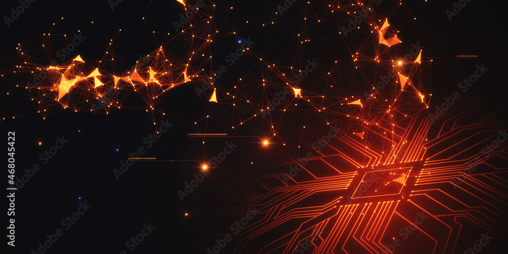 Abstract red circuit with polygonal pattern on dark background. AI and hardware concept. 3D Renderin