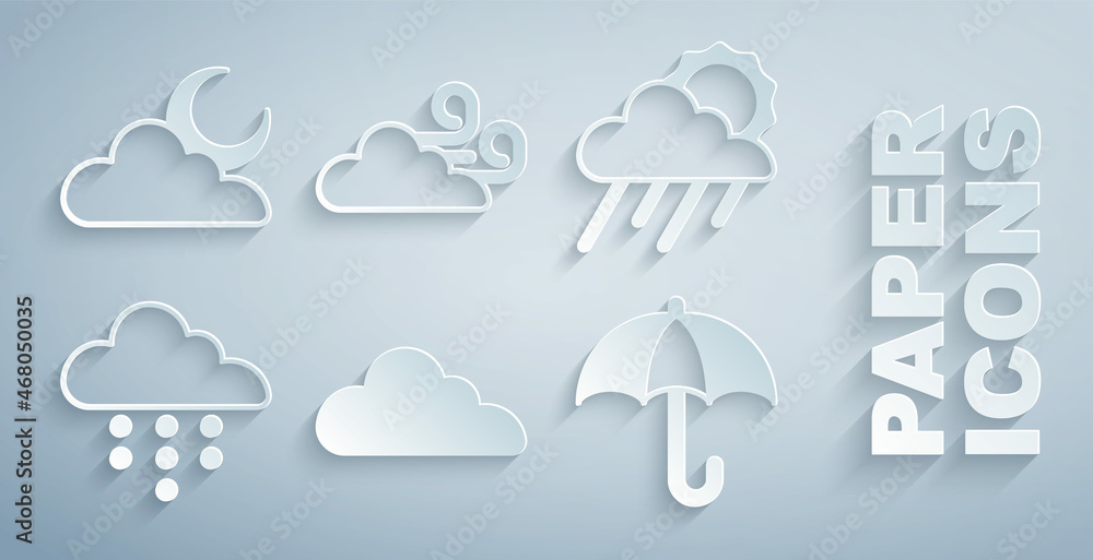 Set Cloud, with rain and sun, Umbrella, Windy weather and moon icon. Vector