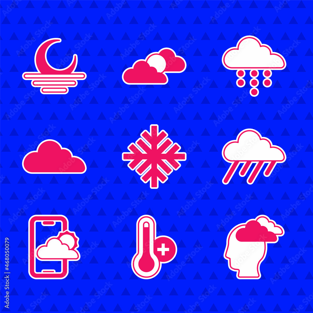 Set Snowflake, Meteorology thermometer, Man having headache, Cloud with rain, Weather forecast, and 