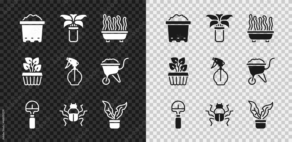 Set Pot with soil, Exotic tropical plant in pot, Plant, Shovel, Beetle bug, Indoor ivy and Water spr