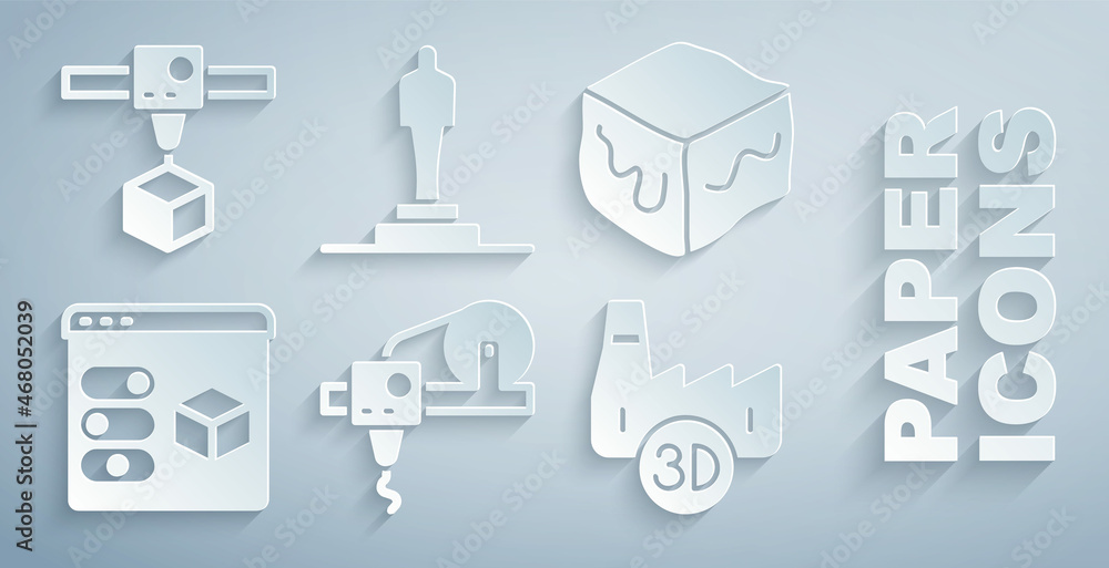 Set 3D printer, Isometric cube, Printing house industry, model and icon. Vector