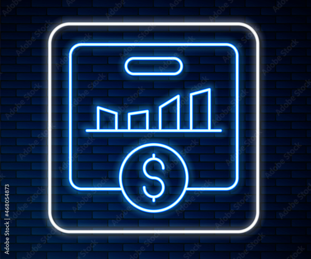 闪耀的霓虹灯线KPI-关键绩效指标图标隔离在砖墙背景上。矢量