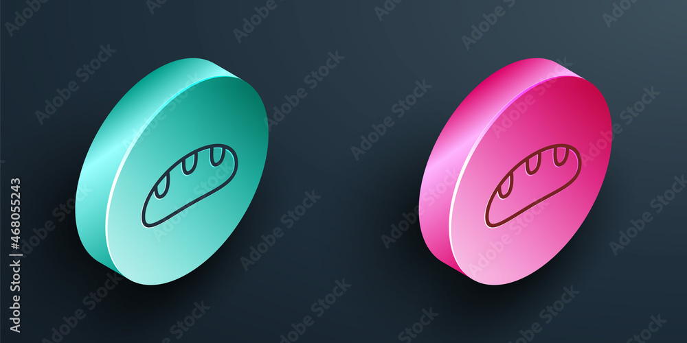 Isometric line Bread loaf icon isolated on black background. Turquoise and pink circle button. Vecto