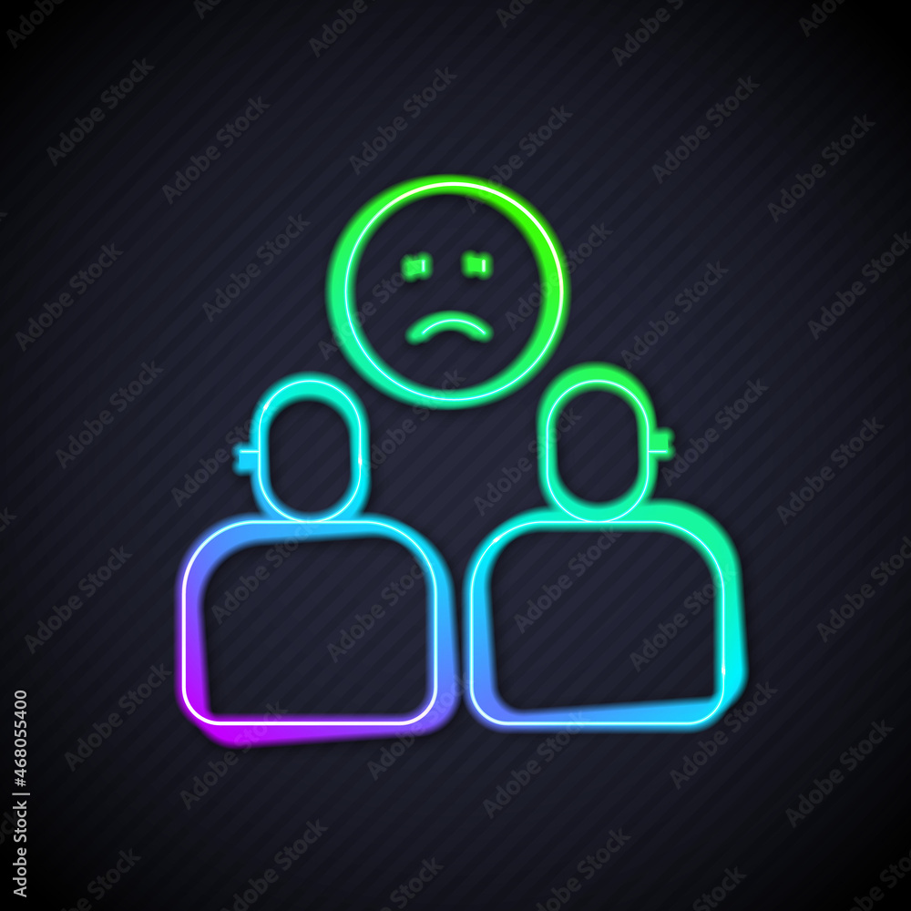 Glowing neon line Complicated relationship icon isolated on black background. Bad communication. Col