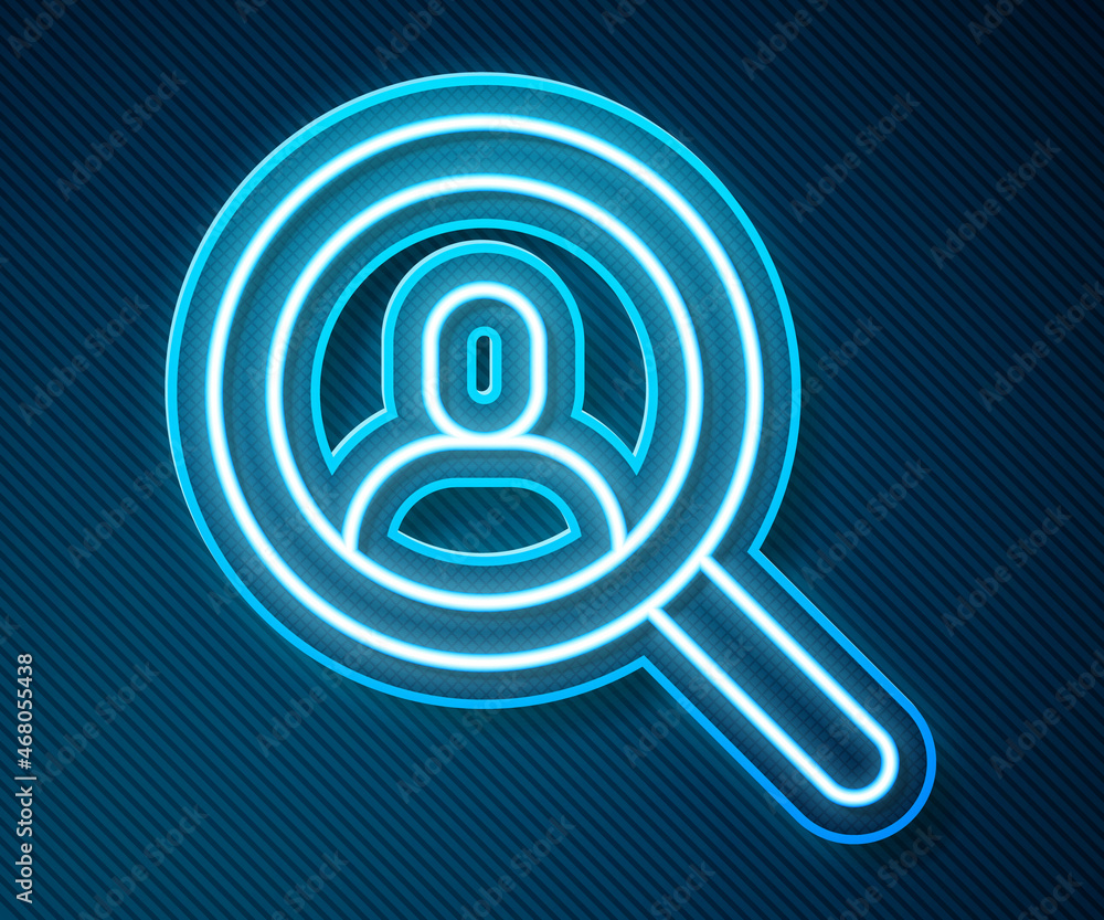 Glowing neon line Magnifying glass for search a people icon isolated on blue background. Recruitment