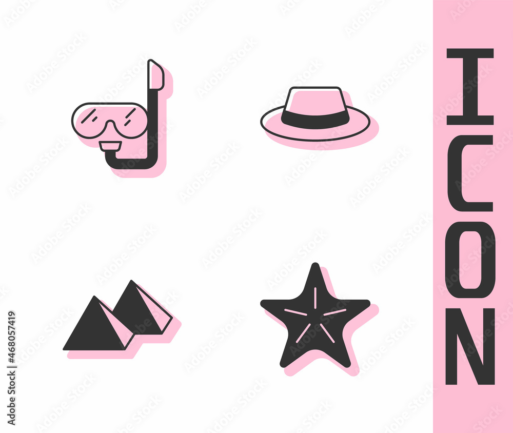 Set Starfish, Diving mask and snorkel, Egypt pyramids and Man hat with ribbon icon. Vector