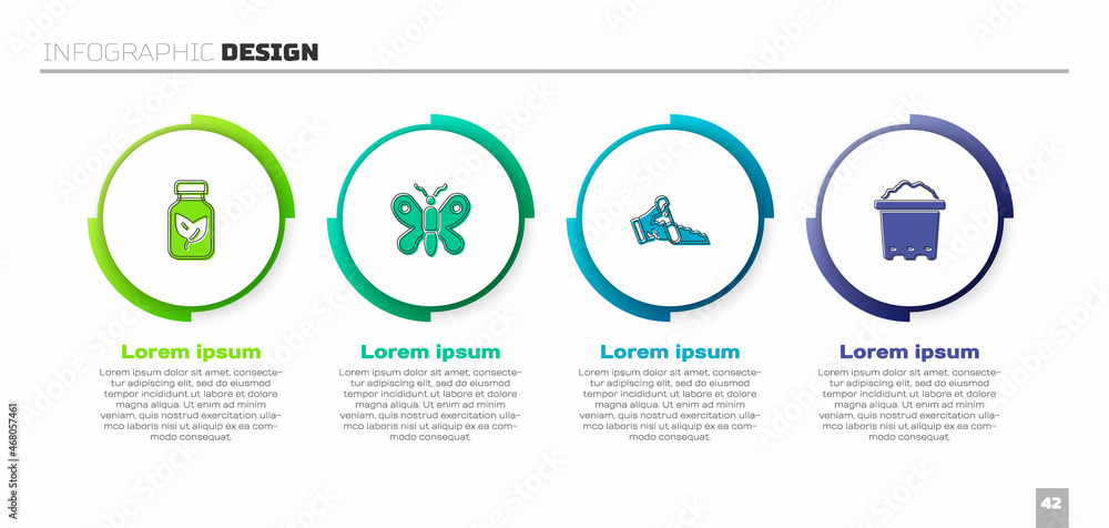 设置肥料瓶，蝴蝶，破碎的罐子和带土壤的罐子。商业信息图模板。Vecto
