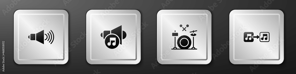 Set Speaker volume, , Drums and Music note, tone icon. Silver square button. Vector