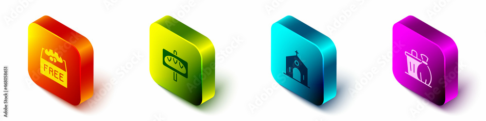 Set Isometric Donation food, Church building and Trash can icon. Vector