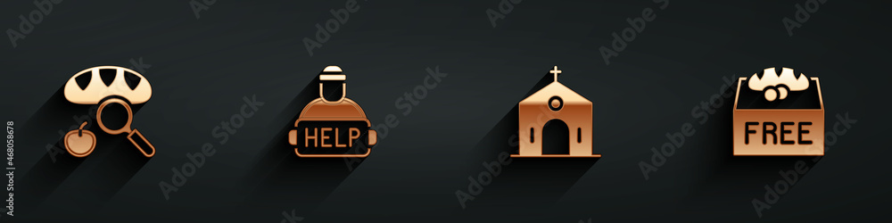 Set Searching for food, Help homeless, Church building and Donation icon with long shadow. Vector