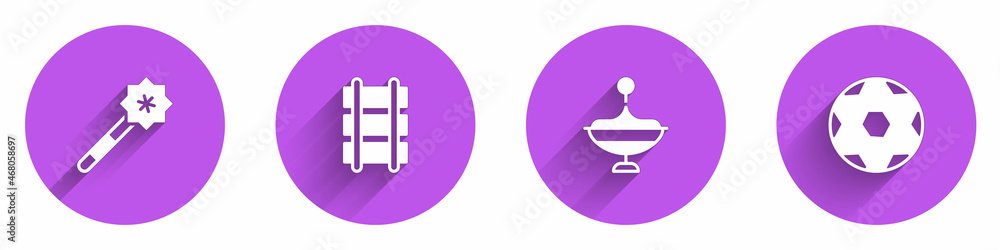 Set Magic wand, Toy railway, Whirligig toy and Soccer football ball icon with long shadow. Vector