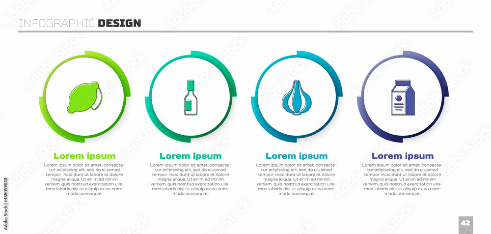 Set Lemon, Tabasco sauce, Garlic and aper package for milk. Business infographic template. Vector