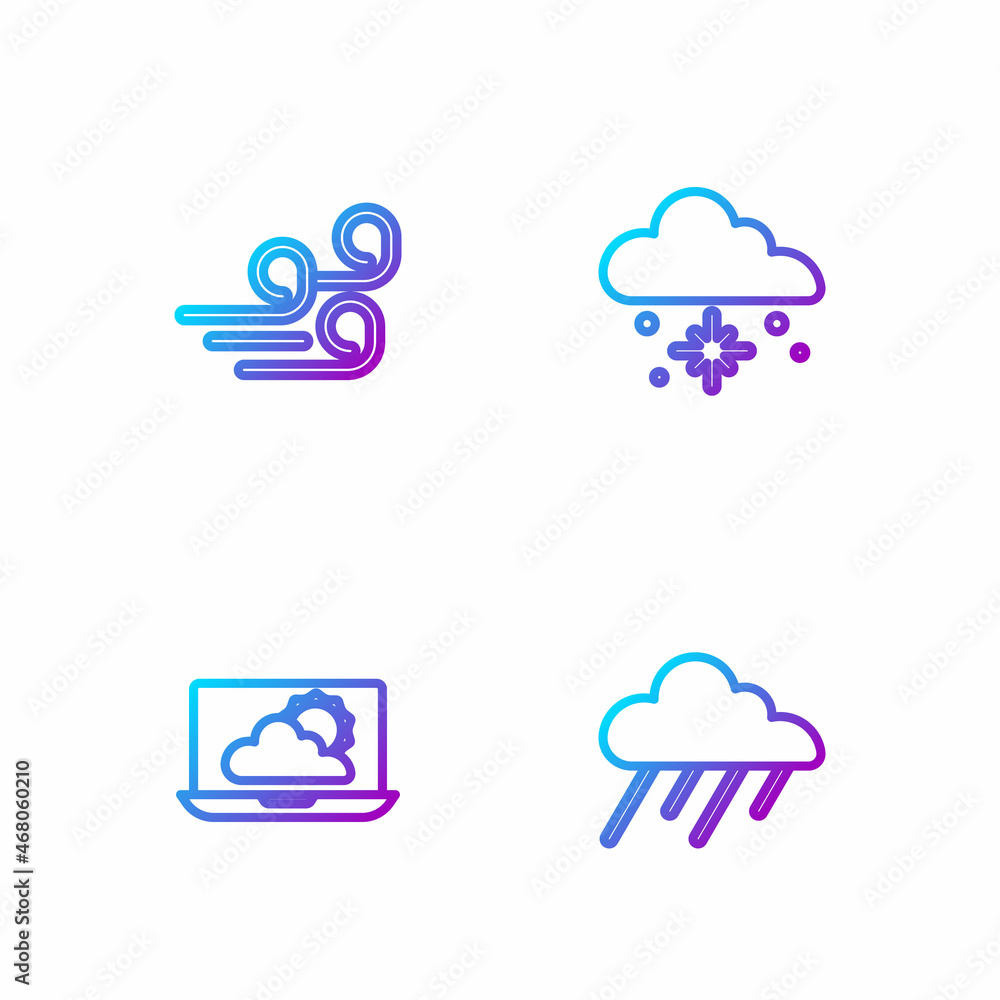 Set line Cloud with rain, Weather forecast, Windy weather and snow. Gradient color icons. Vector