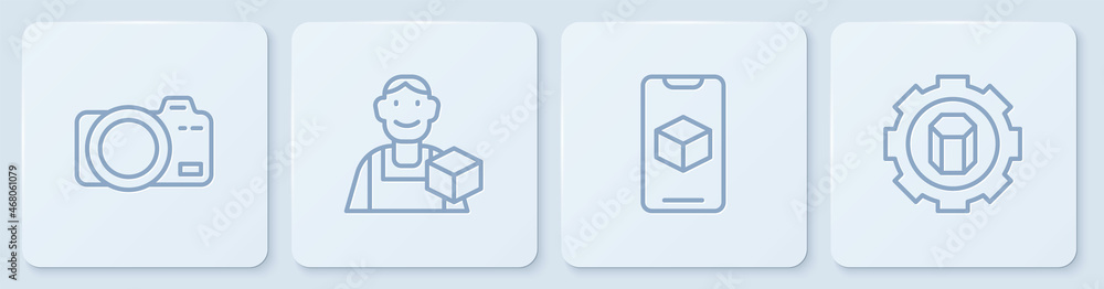 设置线照片相机、3D打印机软件、图形设计师和设置。白色方形按钮。Vecto