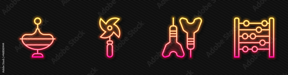 Set line Dart arrow, Whirligig toy, Pinwheel and Abacus. Glowing neon icon. Vector