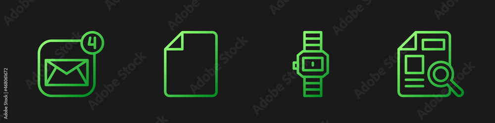 Set line Wrist watch, Envelope, File document and Document with graph chart. Gradient color icons. V