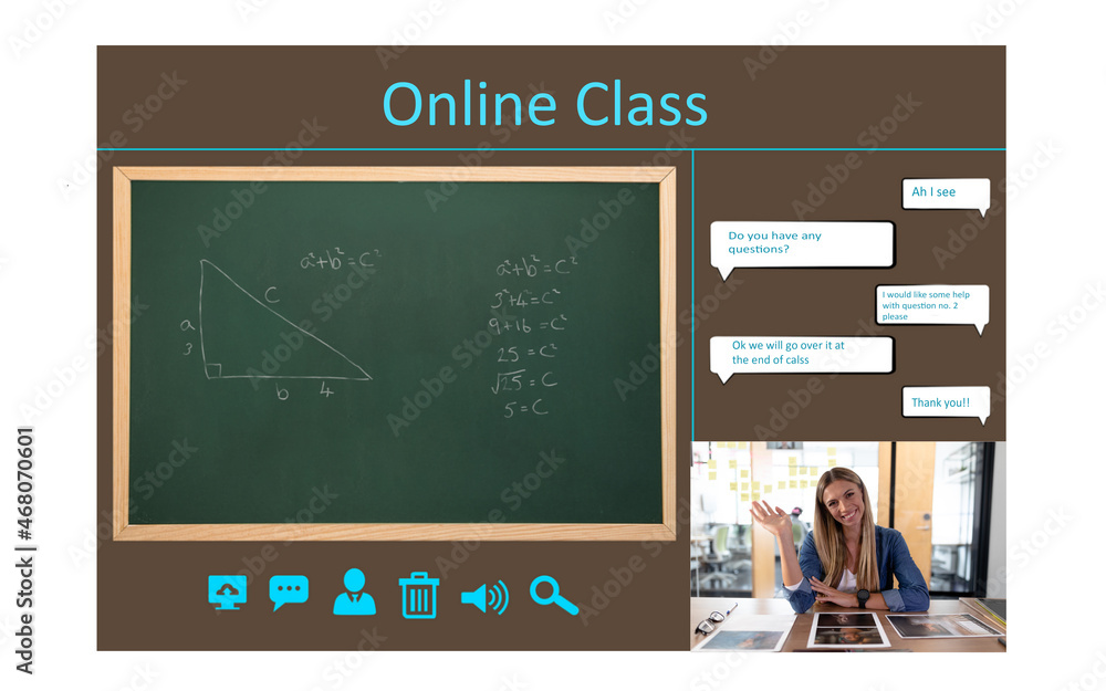 Video call interface with caucasian female teacher on screen