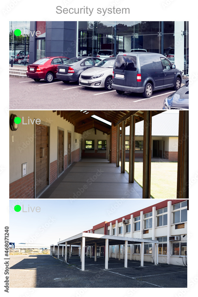 具有实时文本数字接口、停车场和办公室的三个安全摄像头屏幕的组成